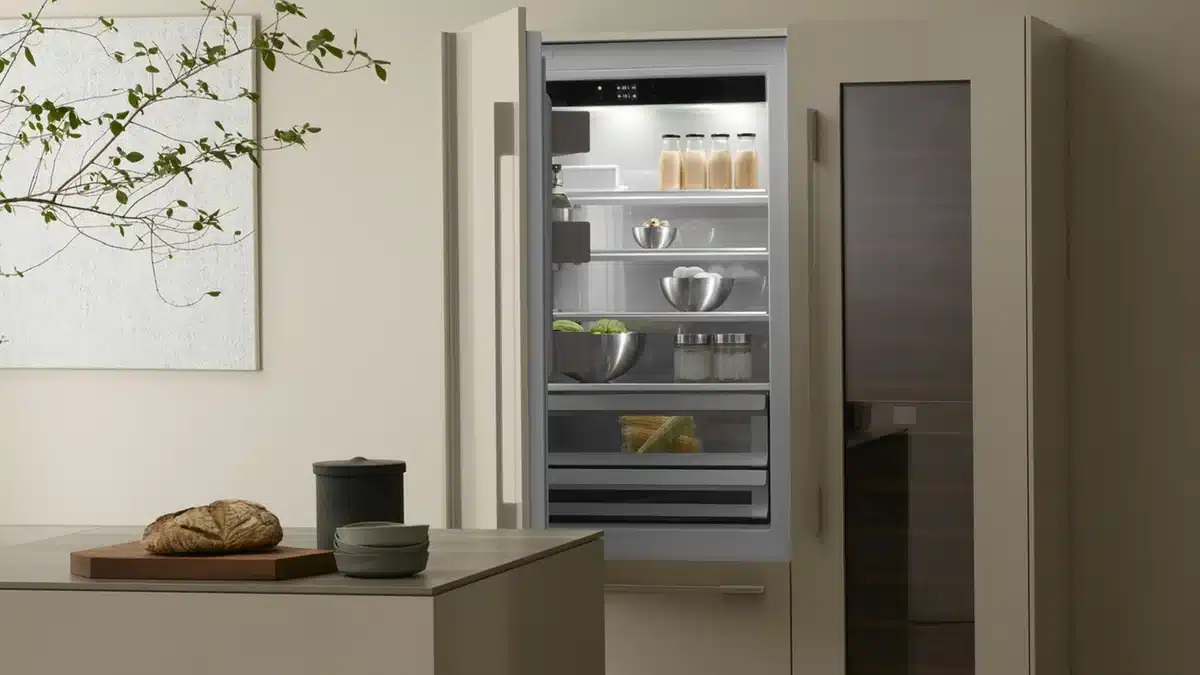 Réfrigérateur VZUG dans une belle cuisine couleur créme.