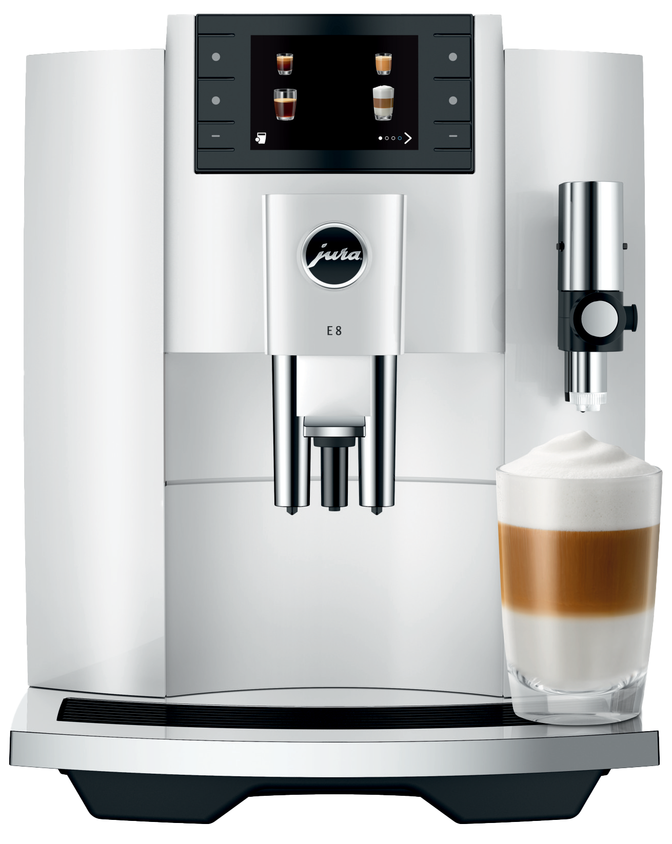 Machine à café JURA E8 Piano White et son latte Macchiato