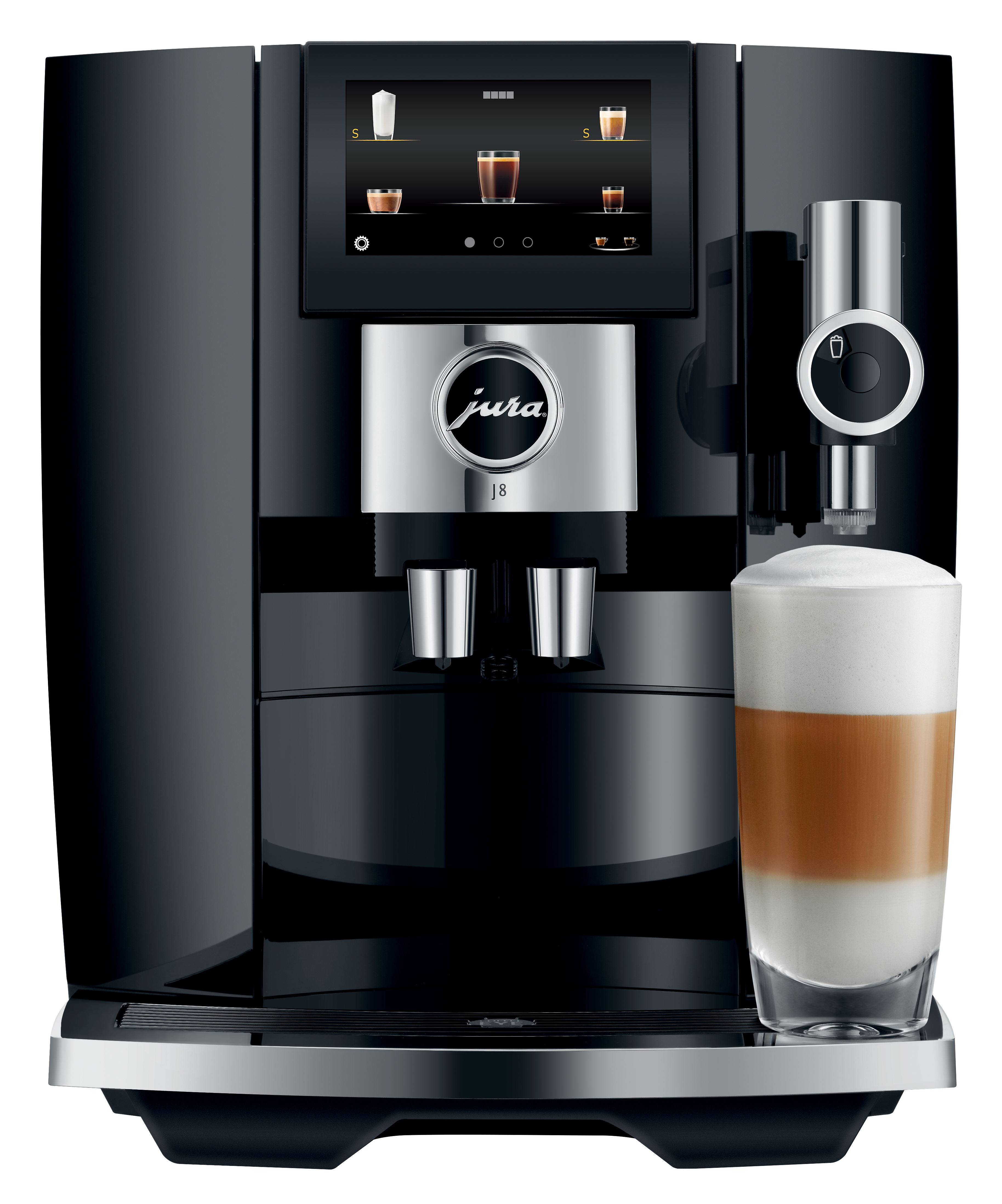 Machine à café JURA J8 Piano Black avec un latte Macchiato